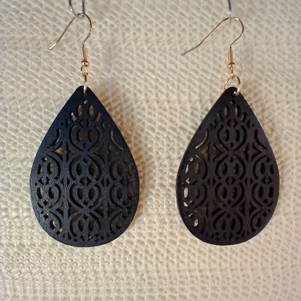 BOHO BLACK WOODEN Bohemian Teardrop Laser Cut 3" Earrings